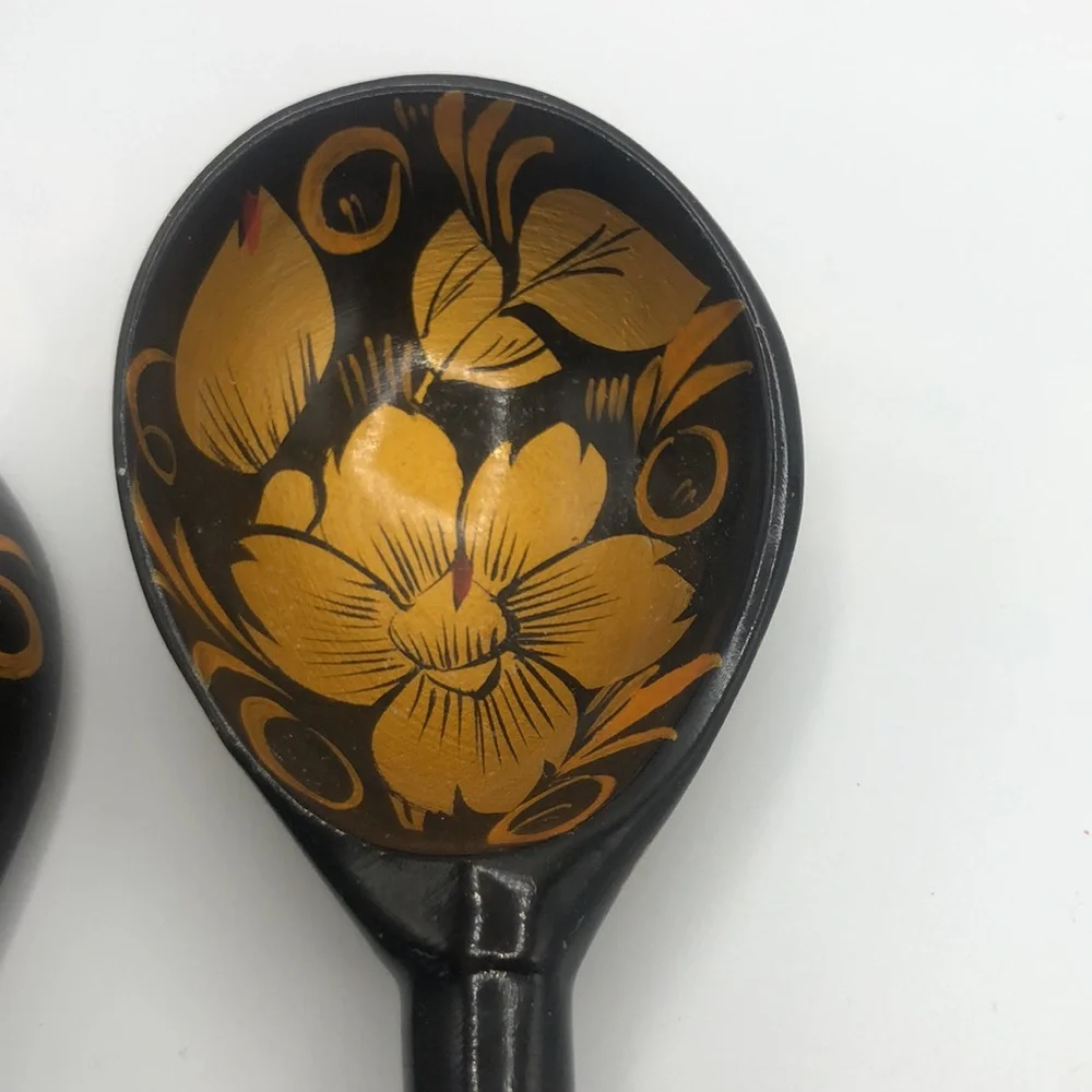RUSSIAN KHOKHLOMA HAND PAINTED LACQUERED WOODEN 2 SPOONS